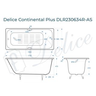 Ванна чугунная Delice Continental PLUS DLR230634R-AS с отверстиями под ручки и антискользящим покрытием 170х70 см